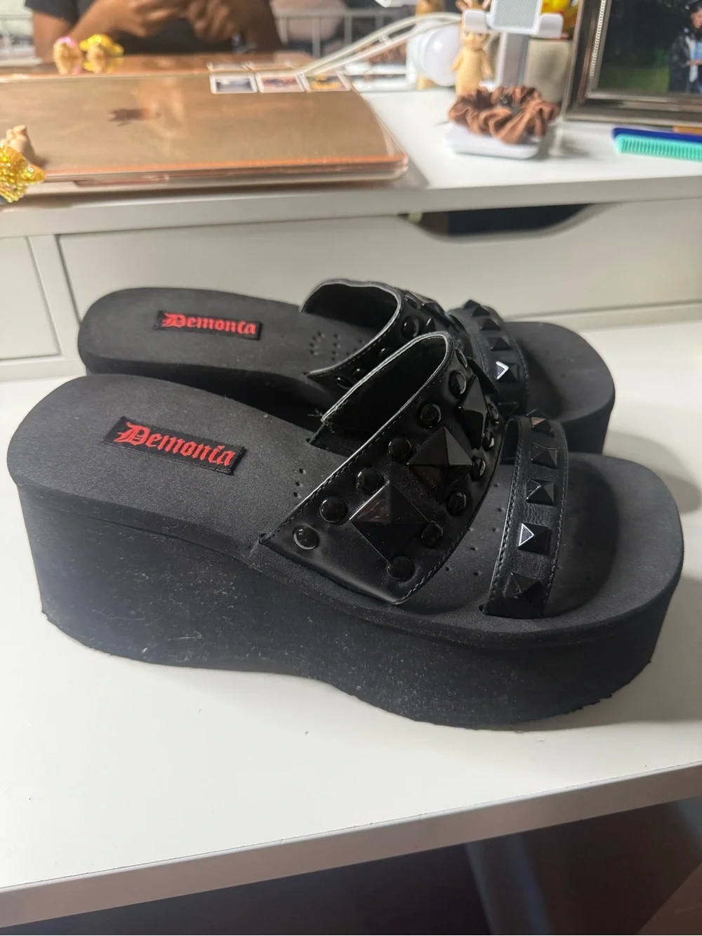 Demonia Black Studded Platform Slide Sandals